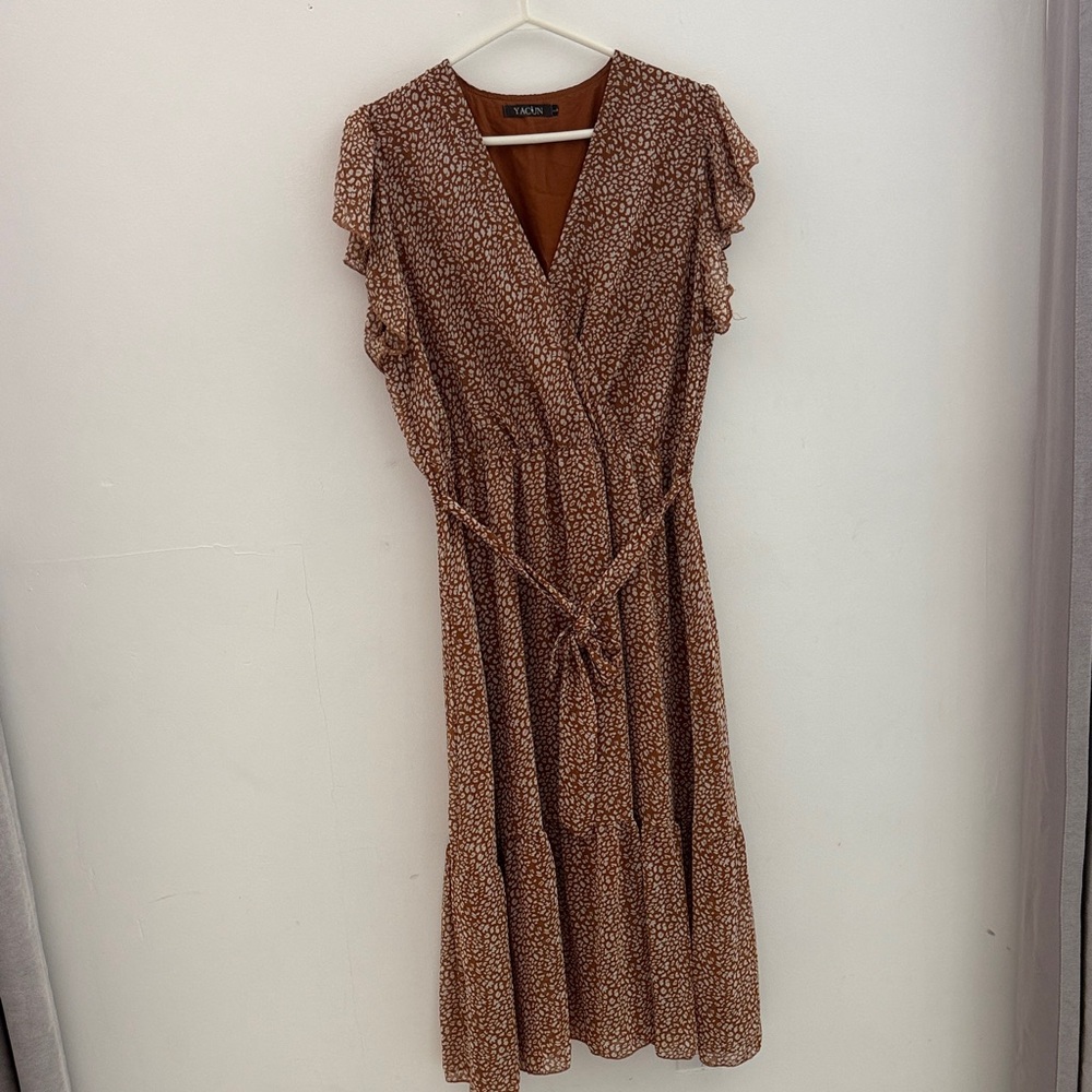 Brown Printed Wrap Midi Dress